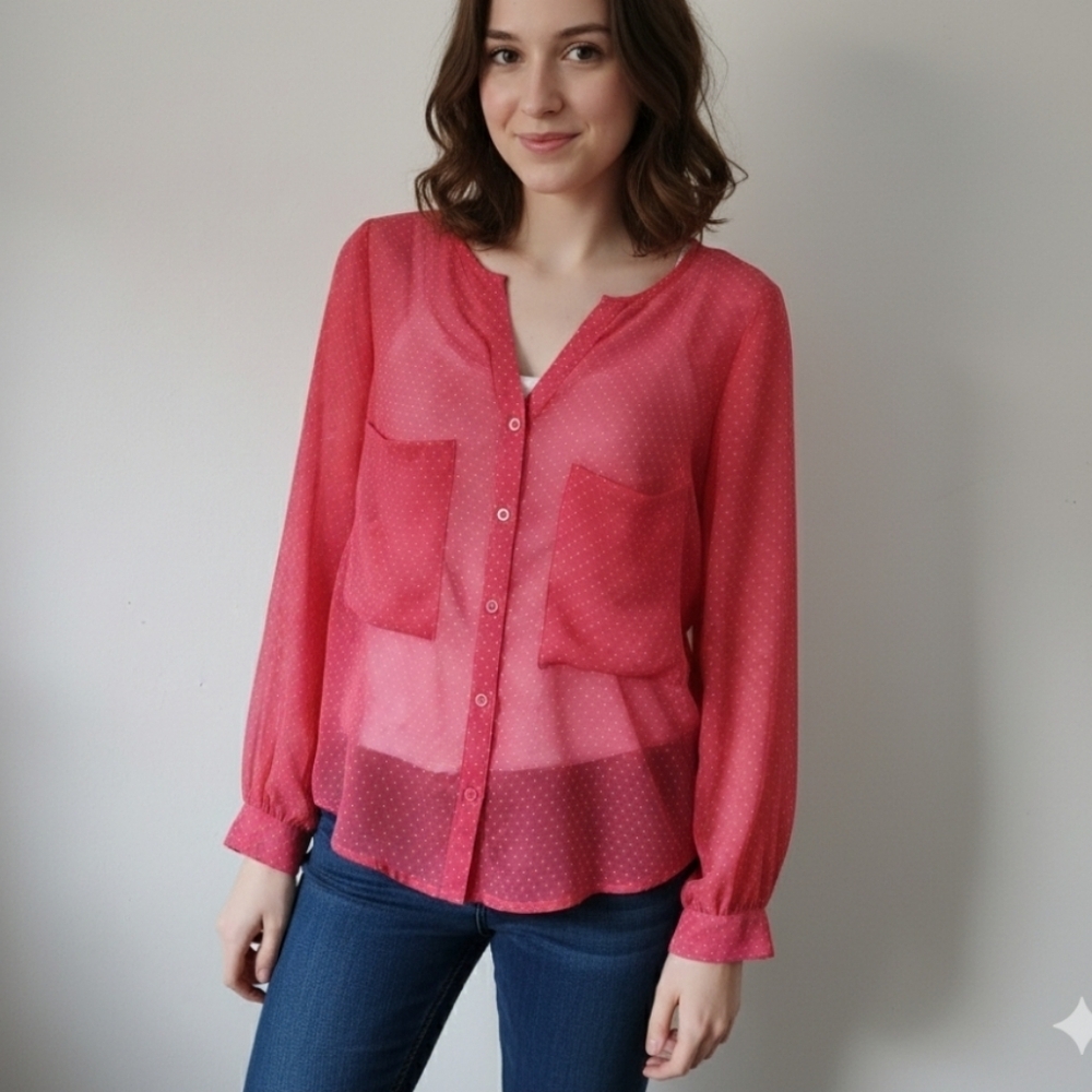 FARM Rio Vintage Polka Dot Sheer Button-Up Blouse Size Small